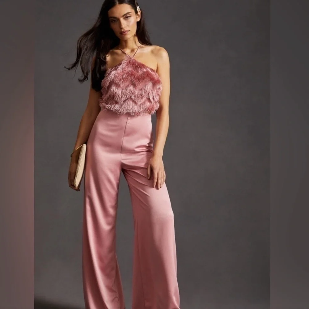 Anthropologie Hutch pink open side feathered jumpsuit, NWT 8 romper wide leg